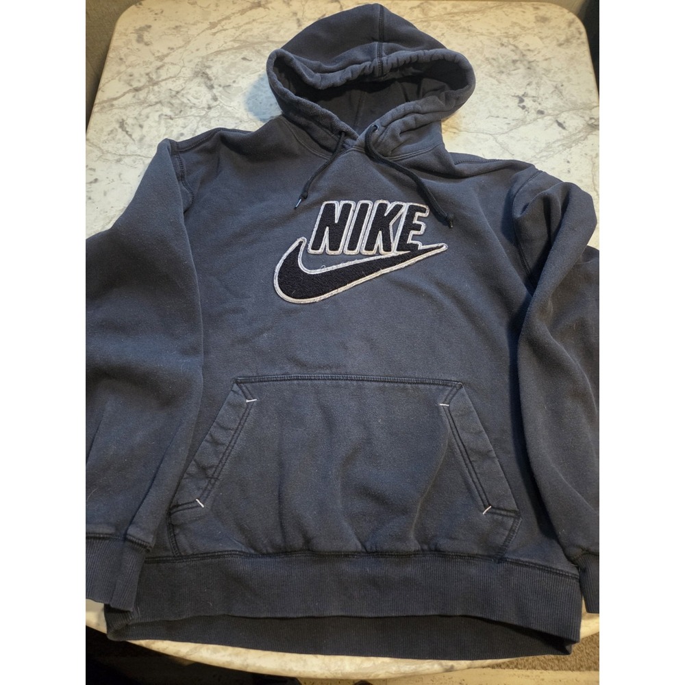 Vintage Y2K Nike Hoodie Men XL Black Sweatshirt Big Spellout Swoosh Faded